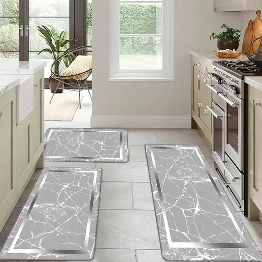 2/3 Piece Marble Design Kitchen Mat Set - Non-Slip Machine Washable Flannel Rugs with Rubber Backing