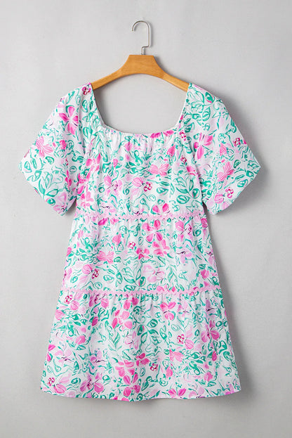 White Floral Print Ric-Rac Trim Square Neck Plus Size Mini Dress - Whimsical Elegance for Every Occasion! - Shello's Creative Boutique