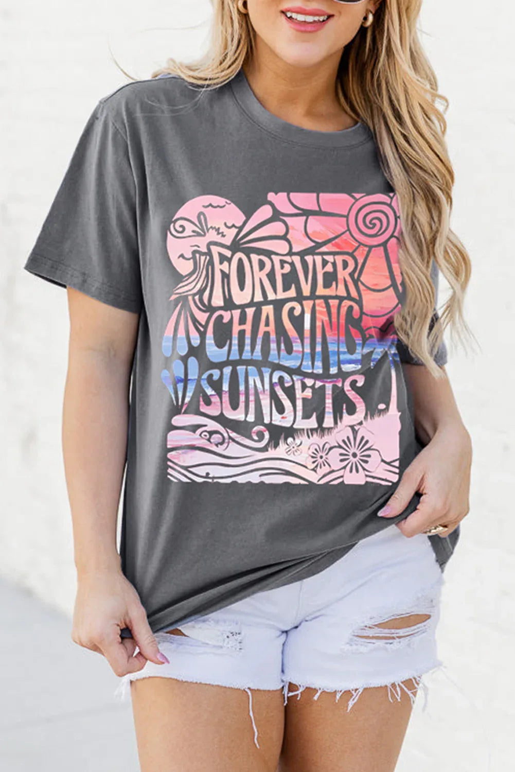 Gray FOREVER CHASING SUNSETS Graphic Summer T Shirt - Shello's Creative Boutique