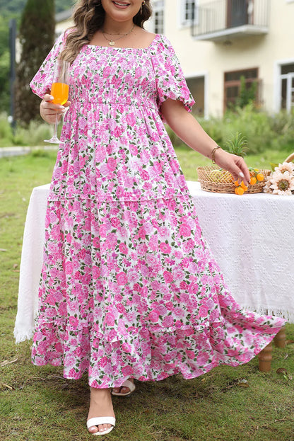 Plus Size Pink Floral Maxi Dress - Flattering Smocked Waist & Puff Sleeves - Shello's Creative Boutique