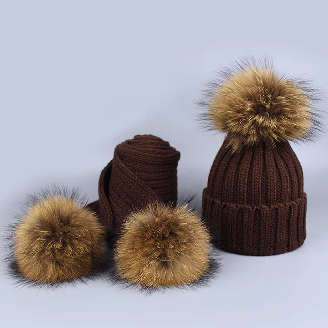 Knitted Fur Pompom Hat and Scarf Set for Children eprolo