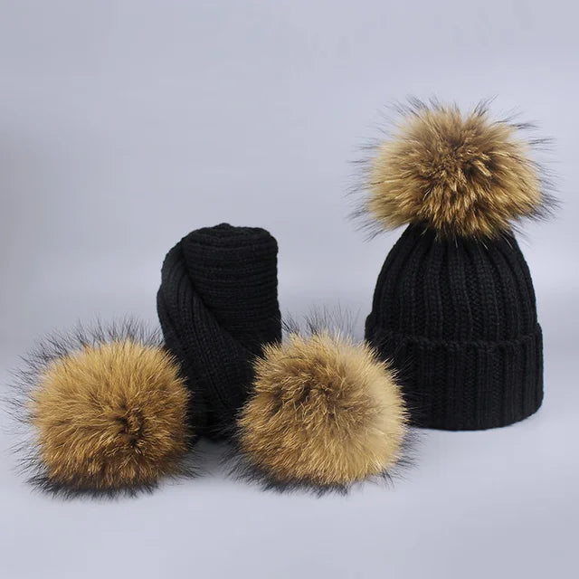 Knitted Fur Pompom Hat and Scarf Set for Children eprolo