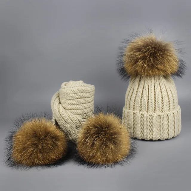 Knitted Fur Pompom Hat and Scarf Set for Children eprolo