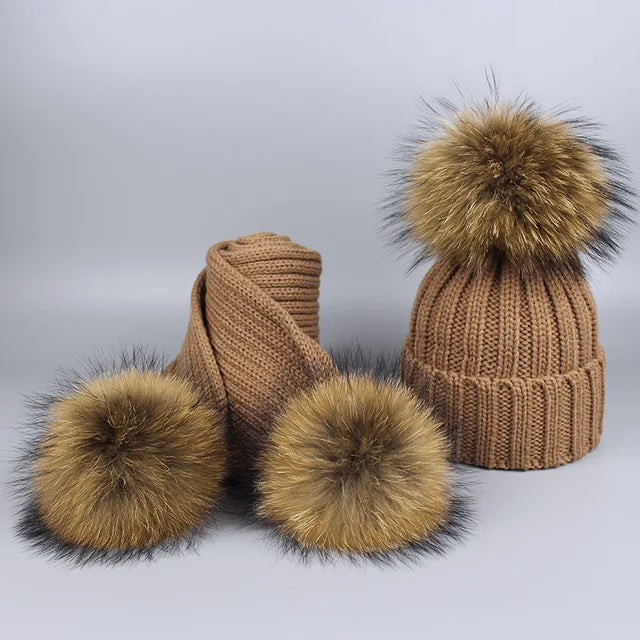 Knitted Fur Pompom Hat and Scarf Set for Children eprolo