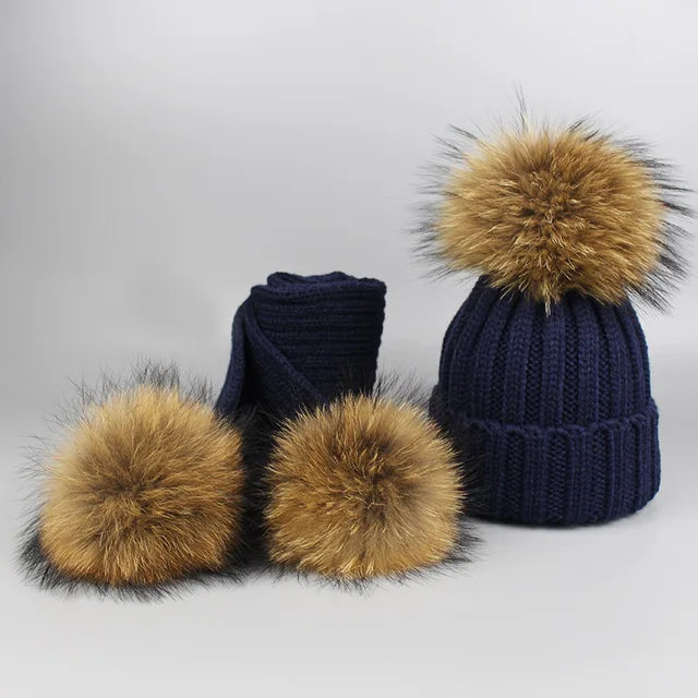 Knitted Fur Pompom Hat and Scarf Set for Children eprolo