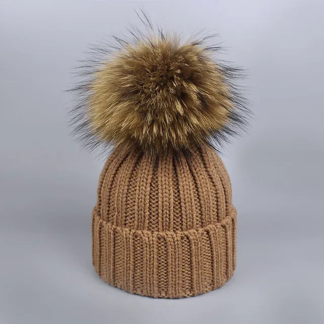 Knitted Fur Pompom Hat and Scarf Set for Children - Shello's Creative Boutique