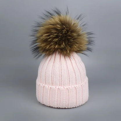 Knitted Fur Pompom Hat and Scarf Set for Children - Shello's Creative Boutique