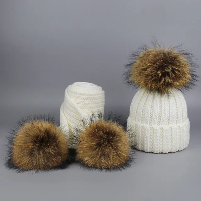 Knitted Fur Pompom Hat and Scarf Set for Children eprolo