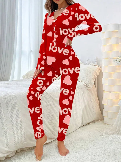 2024 Valentine's Day Sleepwear Jumpsuit Long Sleeve Butt Flap Romper Women V-neck Heart Letters Print 1 Piece Lounge Nightwear eprolo