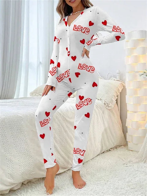 2024 Valentine's Day Sleepwear Jumpsuit Long Sleeve Butt Flap Romper Women V-neck Heart Letters Print 1 Piece Lounge Nightwear - Shello's Creative Boutique