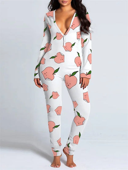 2024 Valentine's Day Sleepwear Jumpsuit Long Sleeve Butt Flap Romper Women V-neck Heart Letters Print 1 Piece Lounge Nightwear eprolo
