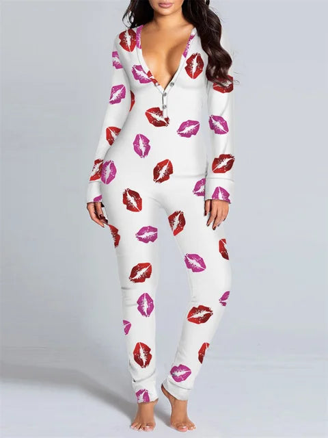 2024 Valentine's Day Sleepwear Jumpsuit Long Sleeve Butt Flap Romper Women V-neck Heart Letters Print 1 Piece Lounge Nightwear eprolo
