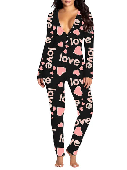 2024 Valentine's Day Sleepwear Jumpsuit Long Sleeve Butt Flap Romper Women V-neck Heart Letters Print 1 Piece Lounge Nightwear eprolo