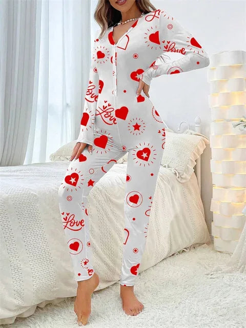 2024 Valentine's Day Sleepwear Jumpsuit Long Sleeve Butt Flap Romper Women V-neck Heart Letters Print 1 Piece Lounge Nightwear - Shello's Creative Boutique
