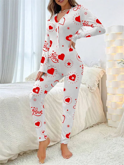 2024 Valentine's Day Sleepwear Jumpsuit Long Sleeve Butt Flap Romper Women V-neck Heart Letters Print 1 Piece Lounge Nightwear eprolo