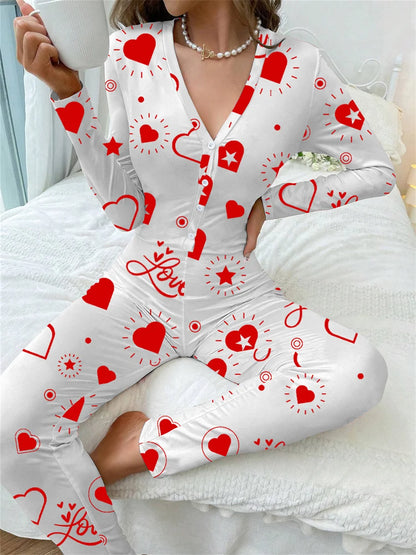 2024 Valentine's Day Sleepwear Jumpsuit Long Sleeve Butt Flap Romper Women V-neck Heart Letters Print 1 Piece Lounge Nightwear eprolo