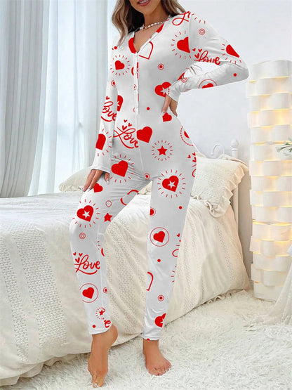 2024 Valentine's Day Sleepwear Jumpsuit Long Sleeve Butt Flap Romper Women V-neck Heart Letters Print 1 Piece Lounge Nightwear eprolo