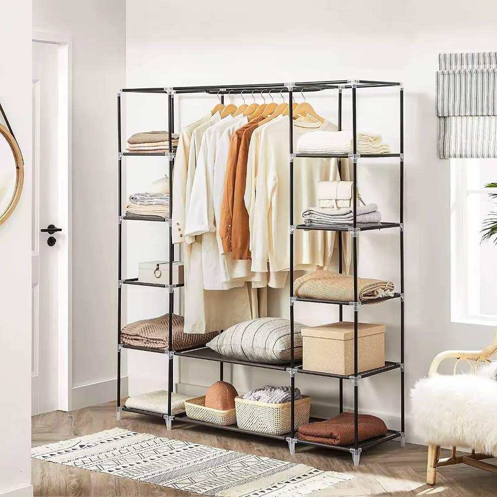 Fabric Canvas Clothes Storage Cupboard Hanging Rail Shelving - Available in 2 Colors - Shello's Creative Boutique