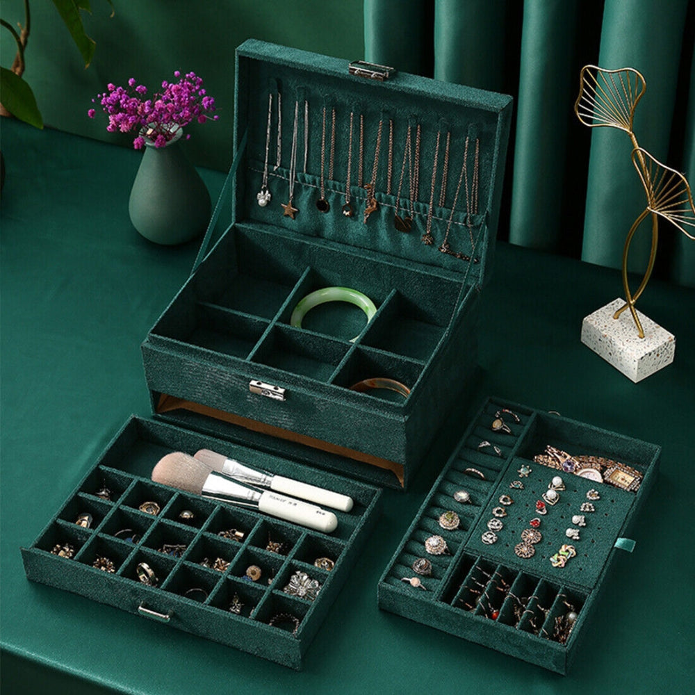 3 Layer Jewelry Storage Box with Drawers and Necklace Organizer