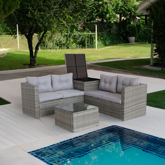 4 Piece Patio Sectional Wicker Rattan Outdoor Furniture Sofa Set with Storage Box Grey eprolo