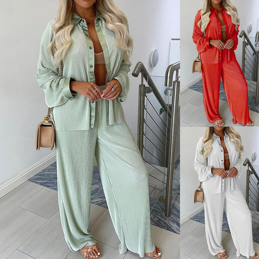 Autumn And Winter Long Sleeved Top Pants Loose Casual Pants Button Top Two Piece Suit eprolo