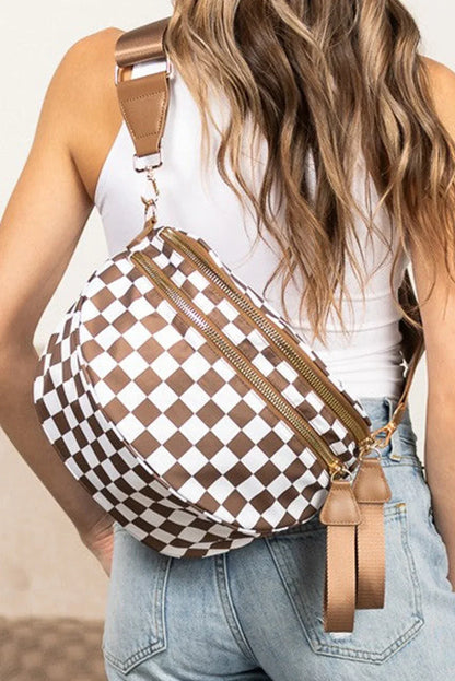 Chestnut Checkered Print Wide Strap Large Crossbody Bag - Shello's Creative Boutique