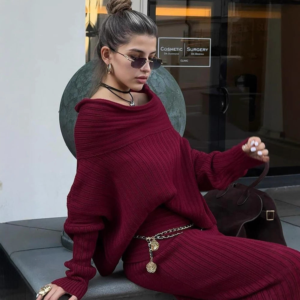Winter Knitted Two Piece Set for Women Elegant Off Shoulder Sweater Pullover Top Slim Skirt Suit Fashion Office Ladies Outfits eprolo
