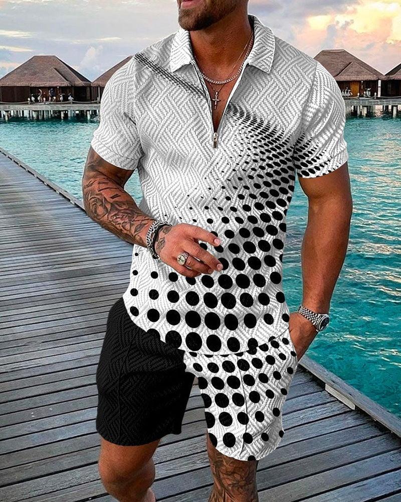 New Men's Fashion Casual Suit 3D Print Zip Short Sleeve Polo Shirt Shorts 2 Piece Set - Shello's Creative Boutique
