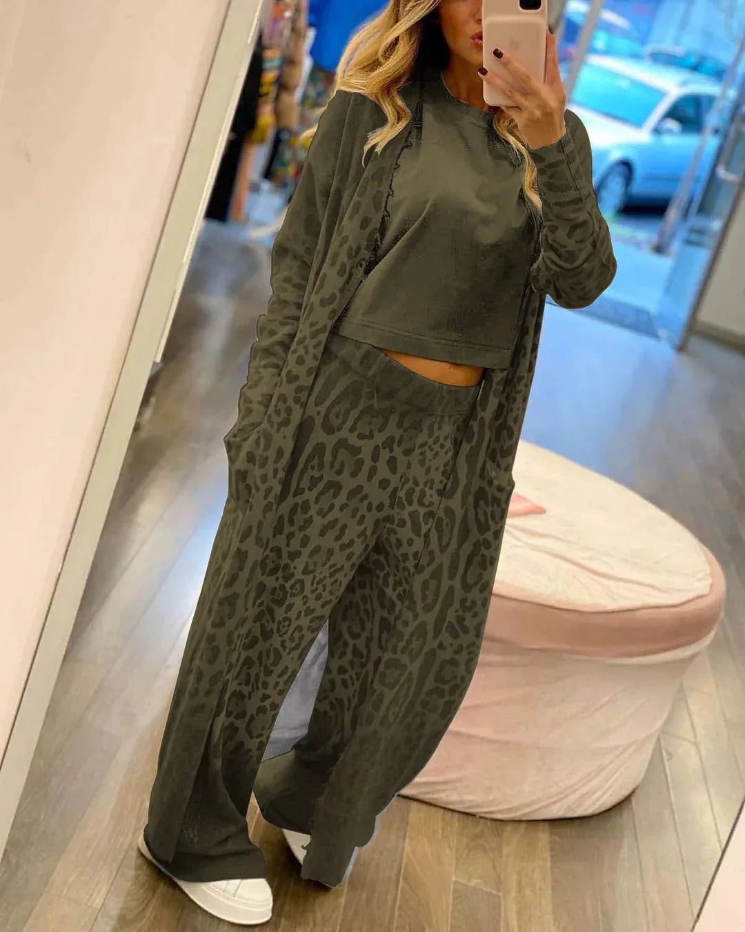 New leopard print long sleeved cardigan jacket, long pants set, two-piece set for women - Shello's Creative Boutique