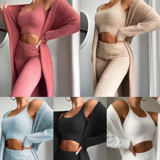 Autumn And Winter Knitted Plush Comfortable Women's Suit Sexy V-neck Short Crop Top Cardigan Sweater Trousers Three-piece Set - Shello's Creative Boutique