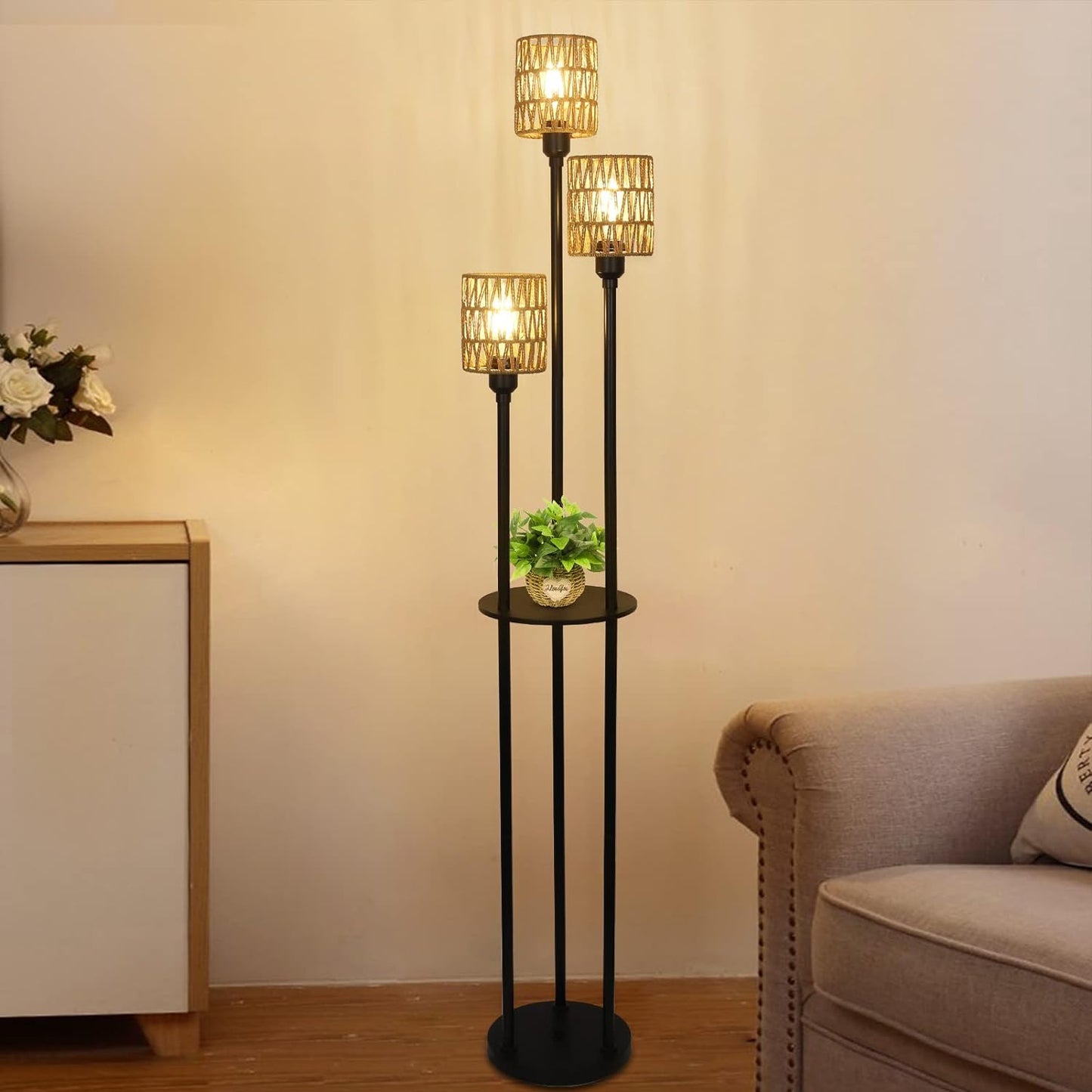 Boho Floor Lamp with Shelves 3-Lights Farmhouse Tall Floor Lamp with ON/OFF Foot Switch Rustic Standing Lamp with Rattan Shades eprolo