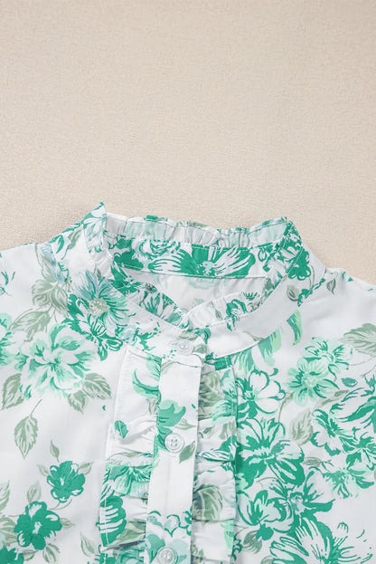 Green Floral Print Ruffle Sleeve Frill Shirt - Shello's Creative Boutique