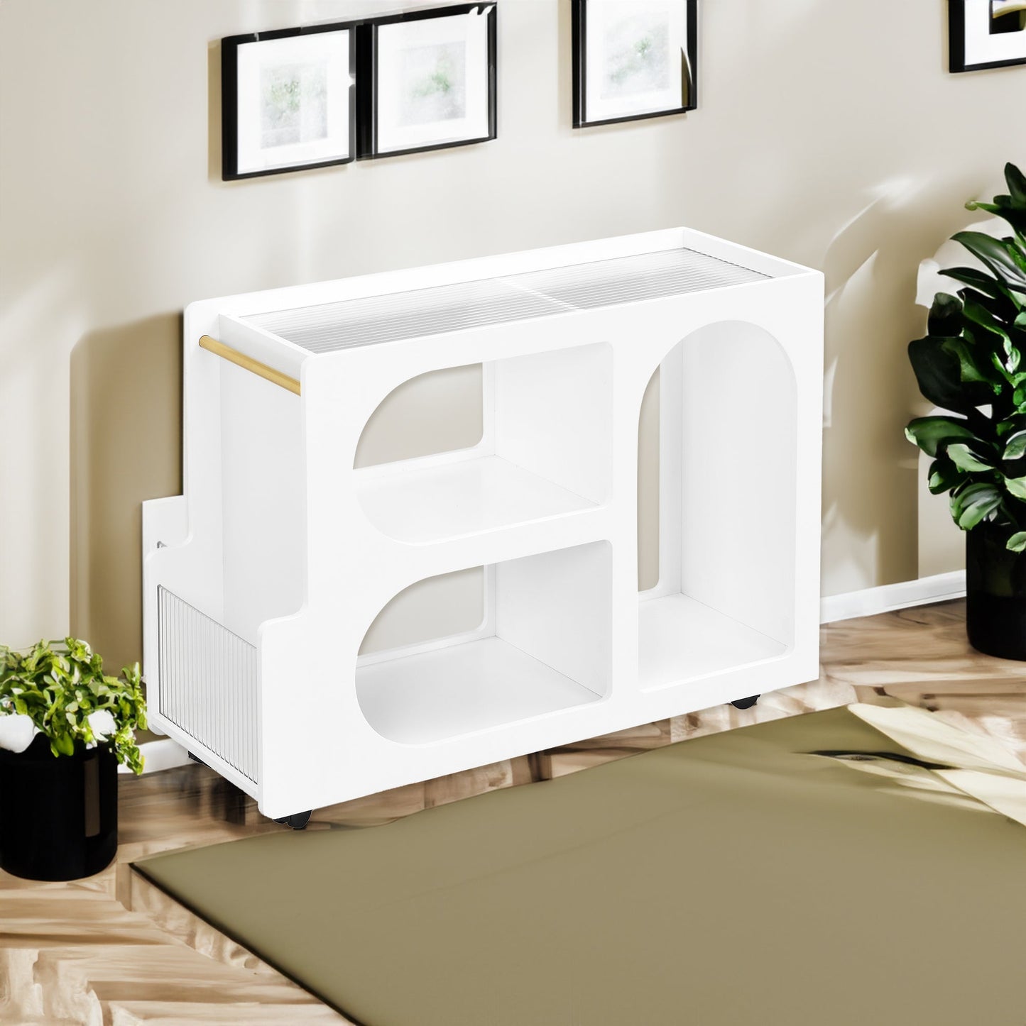 Stylish mobile desk with lockable wheels, white bedside table with 5mm thick grooved tempered glass and gold round bars eprolo