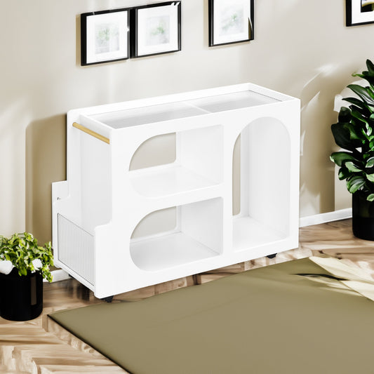 Stylish mobile desk with lockable wheels, white bedside table with 5mm thick grooved tempered glass and gold round bars eprolo