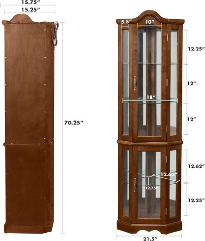 Corner Curio cabinet, adjustable tempered glass frame, rearview mirror, display cabinet, walnut wood (excluding E26 bulbs) eprolo