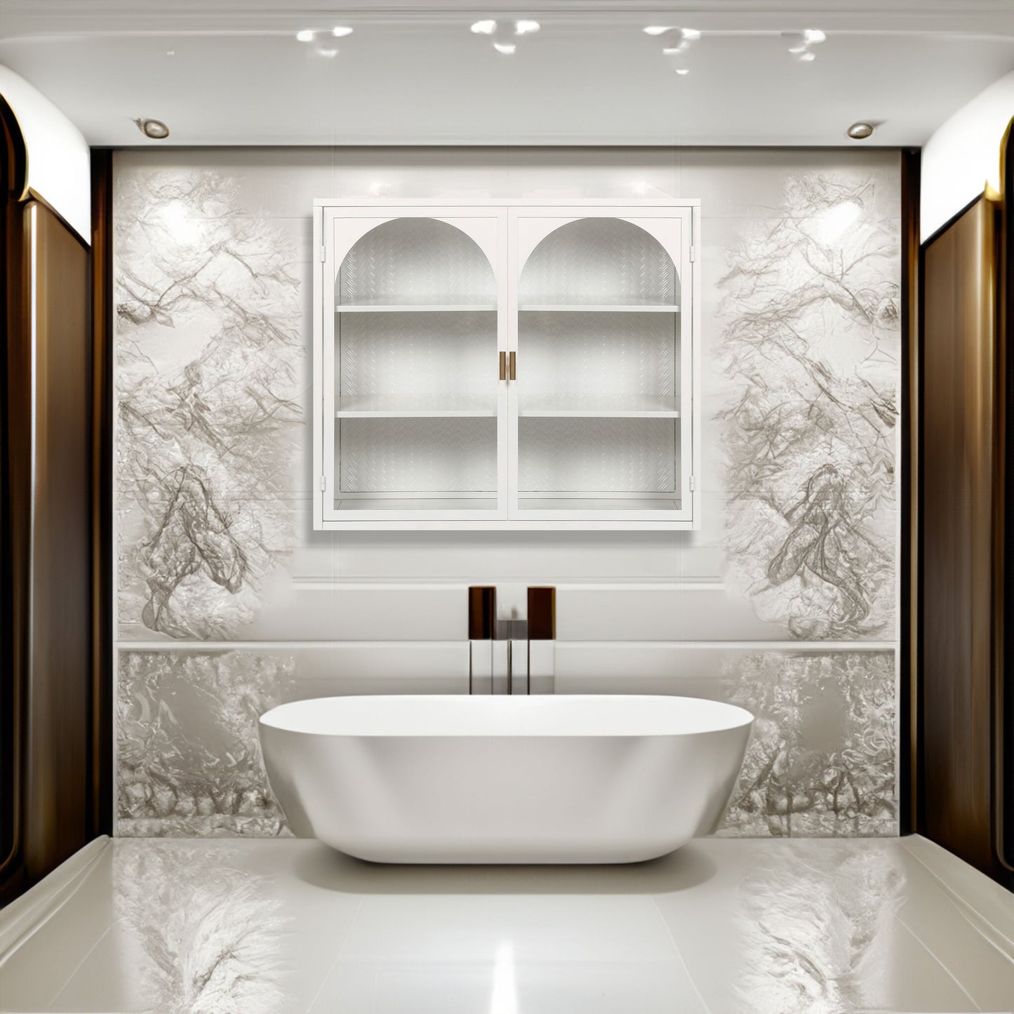 27.56"Glass Doors Modern Two-door Wall Cabinet with Featuring Three-tier Storage White eprolo