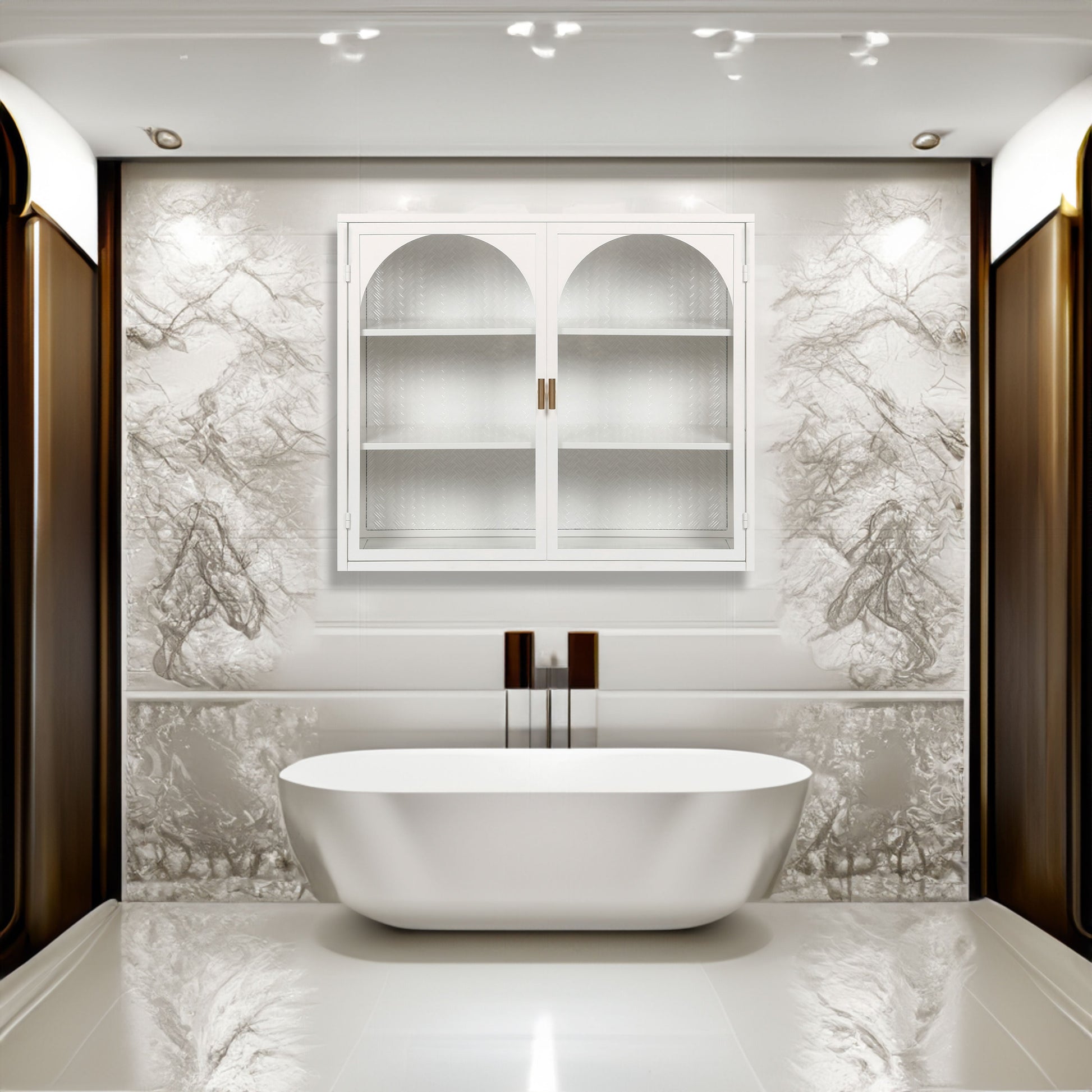 27.56"Glass Doors Modern Two-door Wall Cabinet with Featuring Three-tier Storage White eprolo