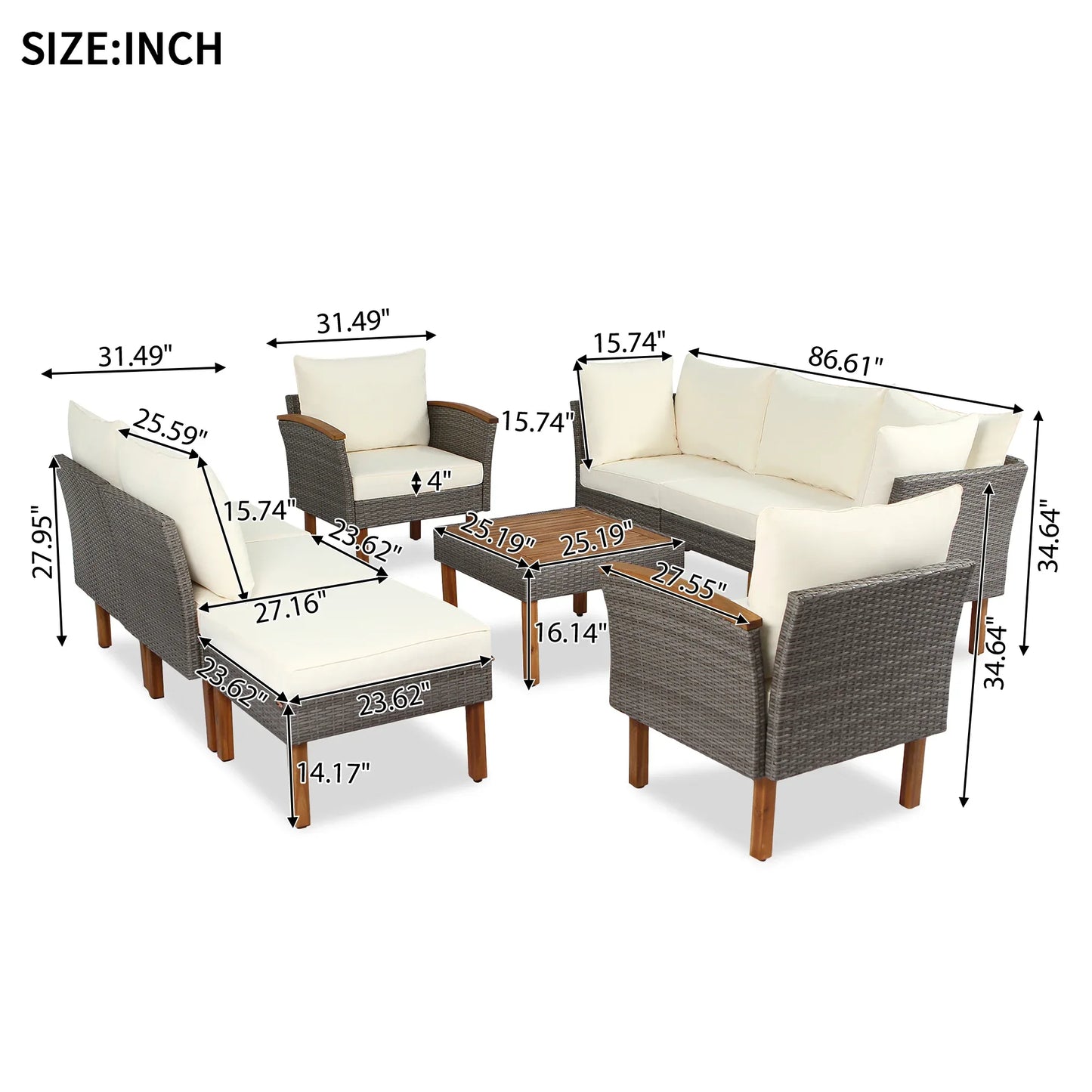 9-piece Patio rattan furniture set with Acacia wooden legs and tabletop sofa set, coffee table washable cushion beige - Shello's Creative Boutique