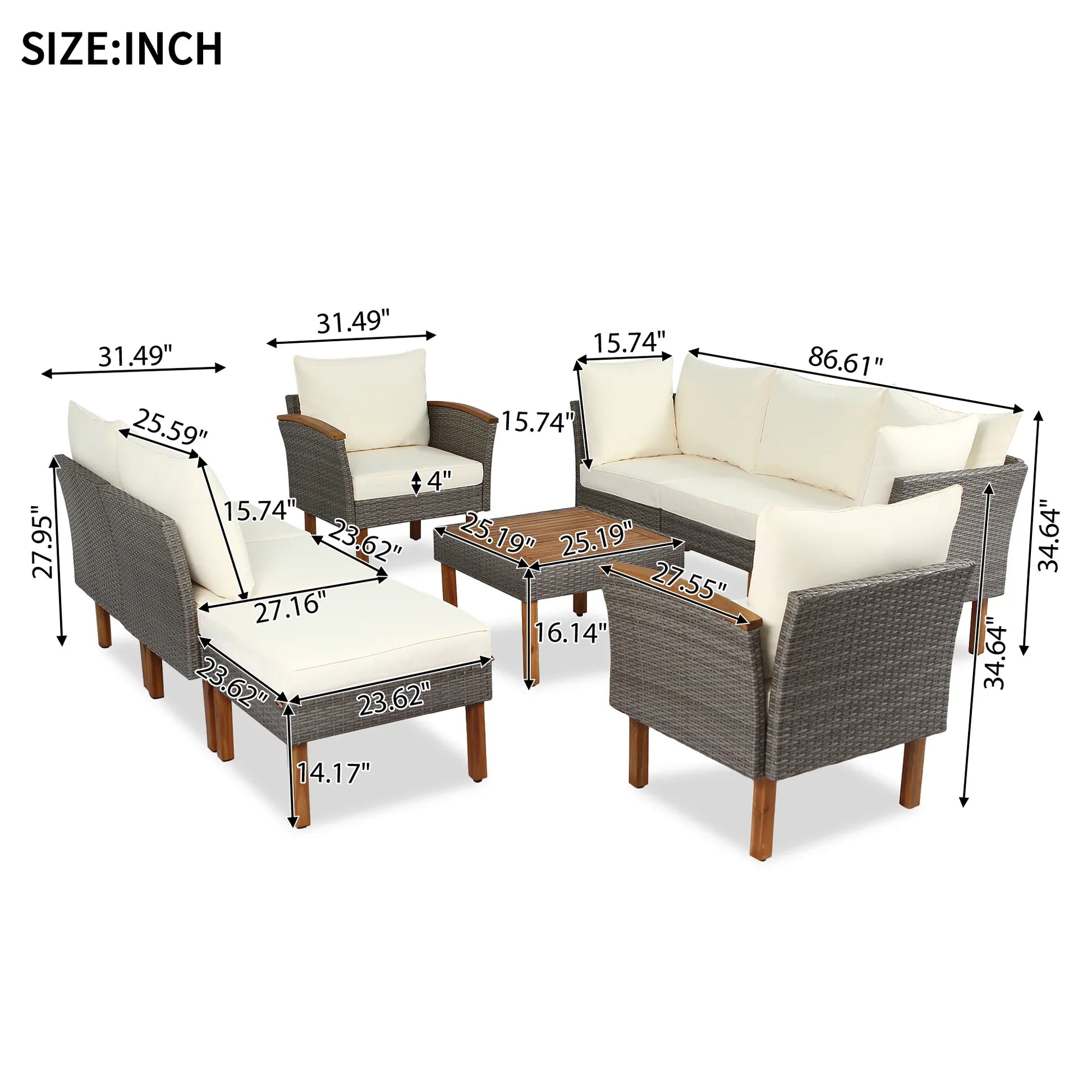 9-piece Patio rattan furniture set with Acacia wooden legs and tabletop sofa set, coffee table washable cushion beige - Shello's Creative Boutique