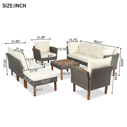 9-piece Patio rattan furniture set with Acacia wooden legs and tabletop sofa set, coffee table washable cushion beige - Shello's Creative Boutique