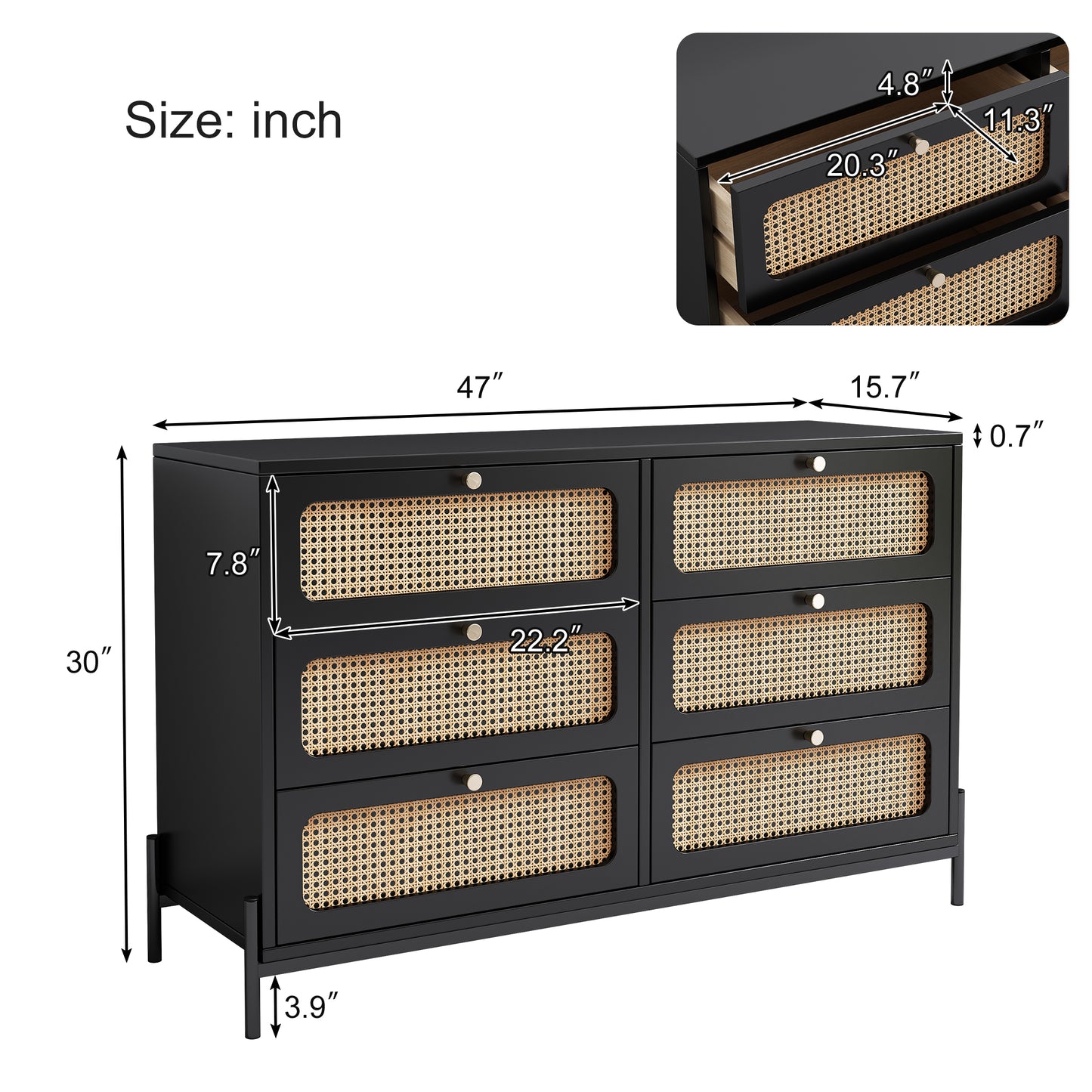 Modern hemp vine wood closet with 6 drawers, dressing table, wooden storage cabinet side panel, black eprolo