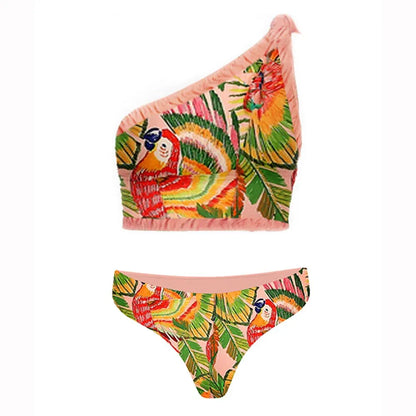 Vintage One-shoulder Swimsuits Sexy Print Two-piece Bikini and Fringe Skirt Women Swimwear - Shello's Creative Boutique