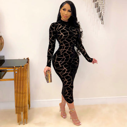 Fashion Summer Women Long Sleeve Sheer Dress See Through Mid Calf Mesh Print Dress Sexy Night Party Club Dress Vestidos - Shello's Creative Boutique