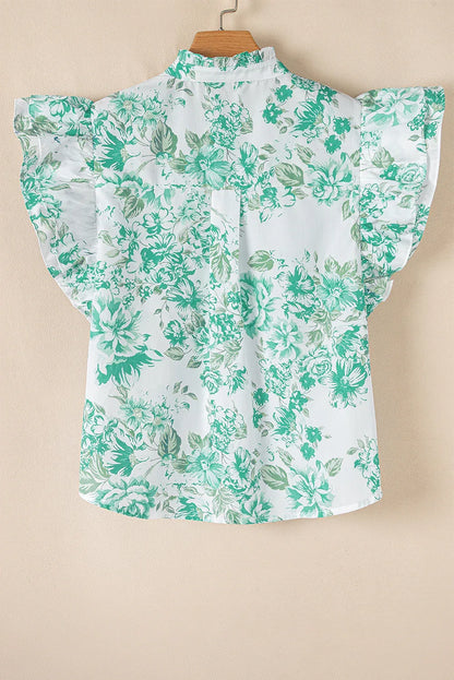 Green Floral Print Ruffle Sleeve Frill Shirt - Shello's Creative Boutique