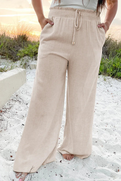 Beige Frill Smocked Waist Wide Leg Plus Size Pants - Shello's Creative Boutique