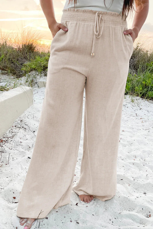 Beige Frill Smocked Waist Wide Leg Plus Size Pants - Shello's Creative Boutique
