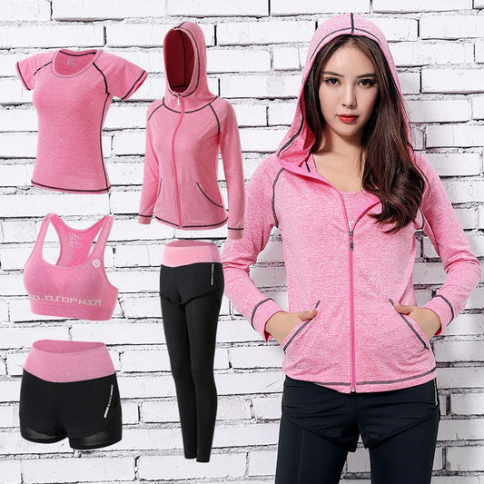 Women Yoga Sport Suit quick Dry Bra Set 5 Piece Female Short-sleeved shorts long pants Outdoor Sportswear Fitness suit eprolo