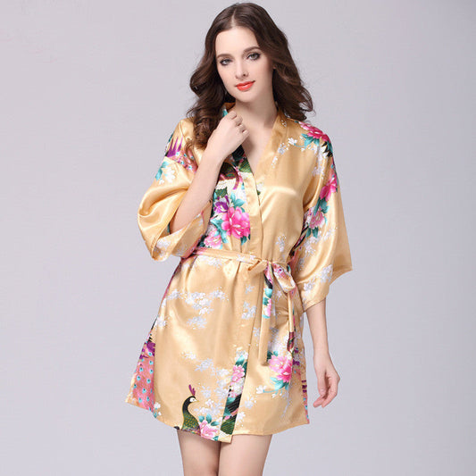 Women Faux Silk Robe Satin Wedding Bride Robe Large Size Sexy Floral Bathrobe Short Nightwear Women Pajamas Kimono eprolo