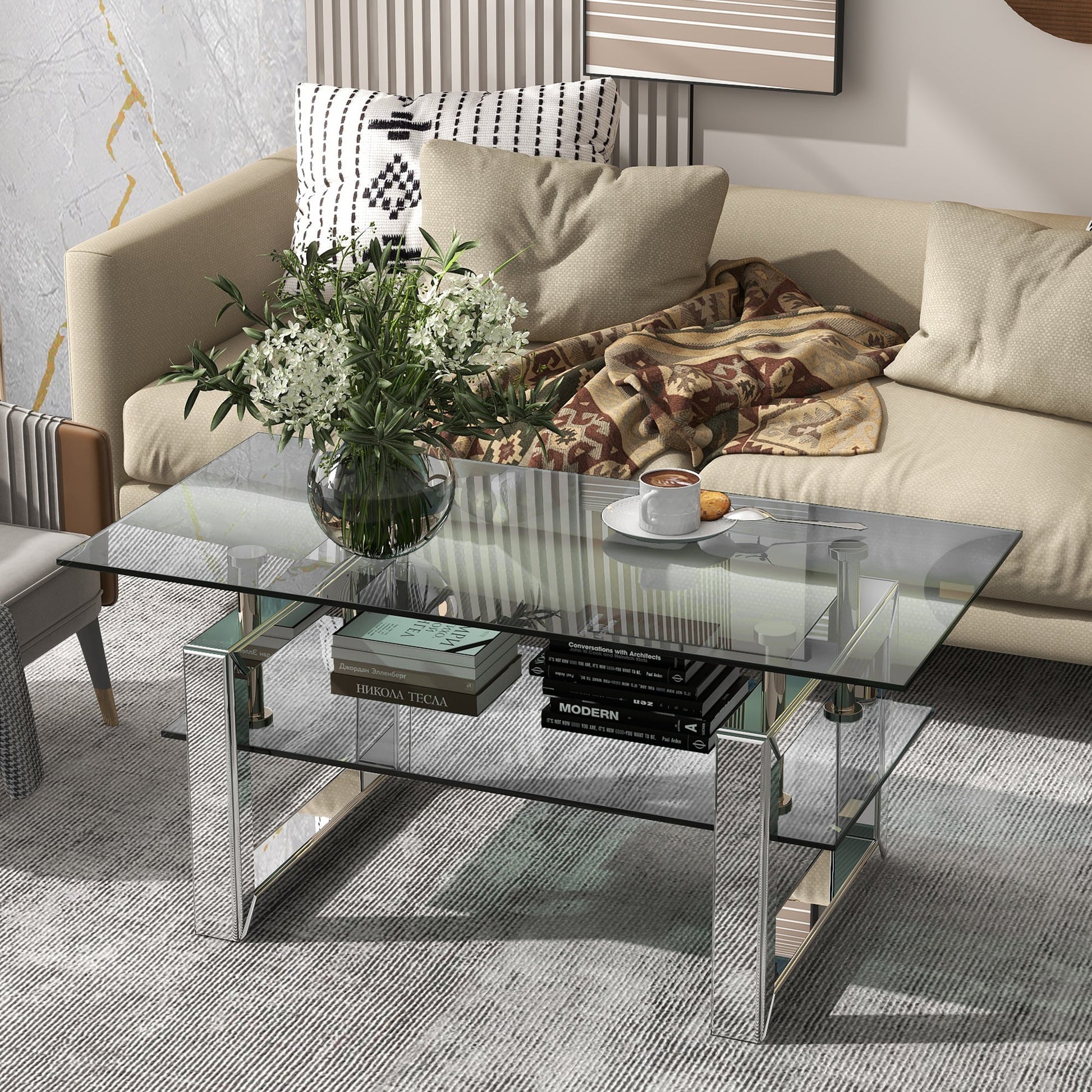 W 39.4" X D 19.7 " X H 17.7" Transparent tempered glass coffee table coffee table eprolo