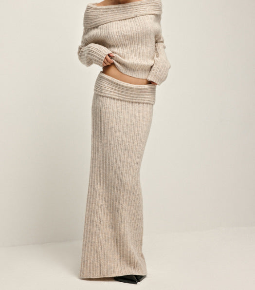 Winter Knitted Two Piece Set for Women Elegant Off Shoulder Sweater Pullover Top Slim Skirt Suit Fashion Office Ladies Outfits eprolo
